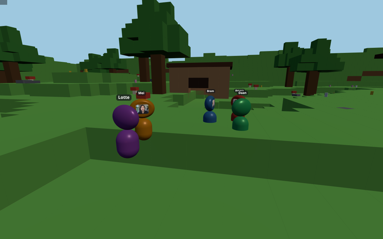 In het Voxel-veld loop je zo van groepje naar groepje — elk hoofd is de webcam van die persoon.