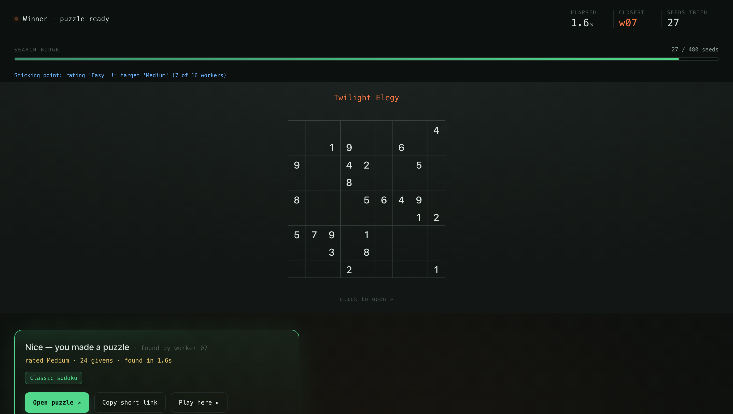 Een gevonden puzzel met givens, klaar om te spelen of te openen in SudokuPad.
