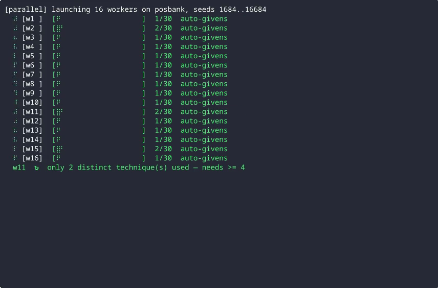 Dezelfde zwerm op de command line: zestien workers racen met live Braille-voortgang, tot er één wint.
