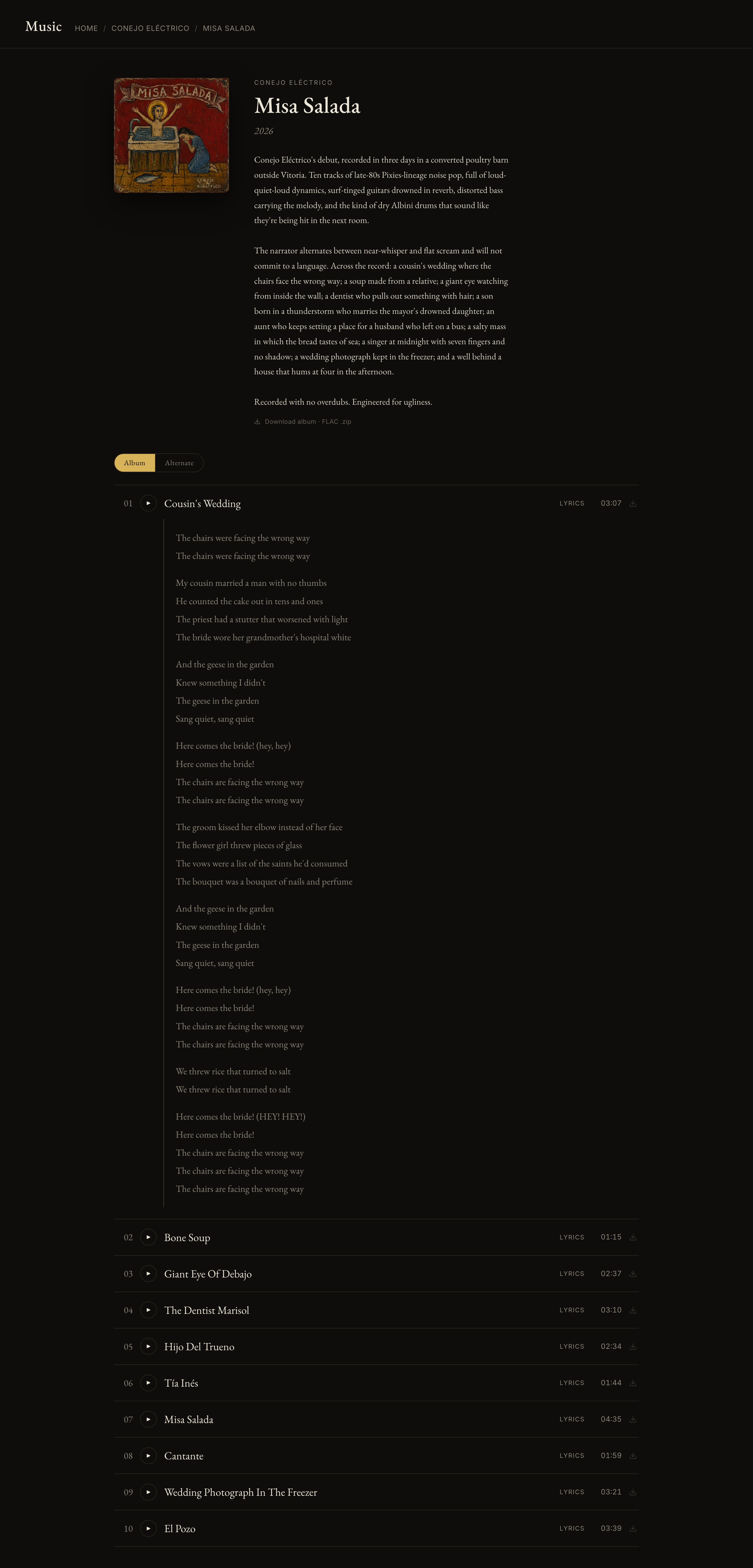 Uitgeklapt lyrics-paneel: forced-aligned, meescrollende .lrc-lyrics per nummer.